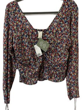 H&M Floral Long-Sleeve Crop Blouse in Red, Blue, Yellow